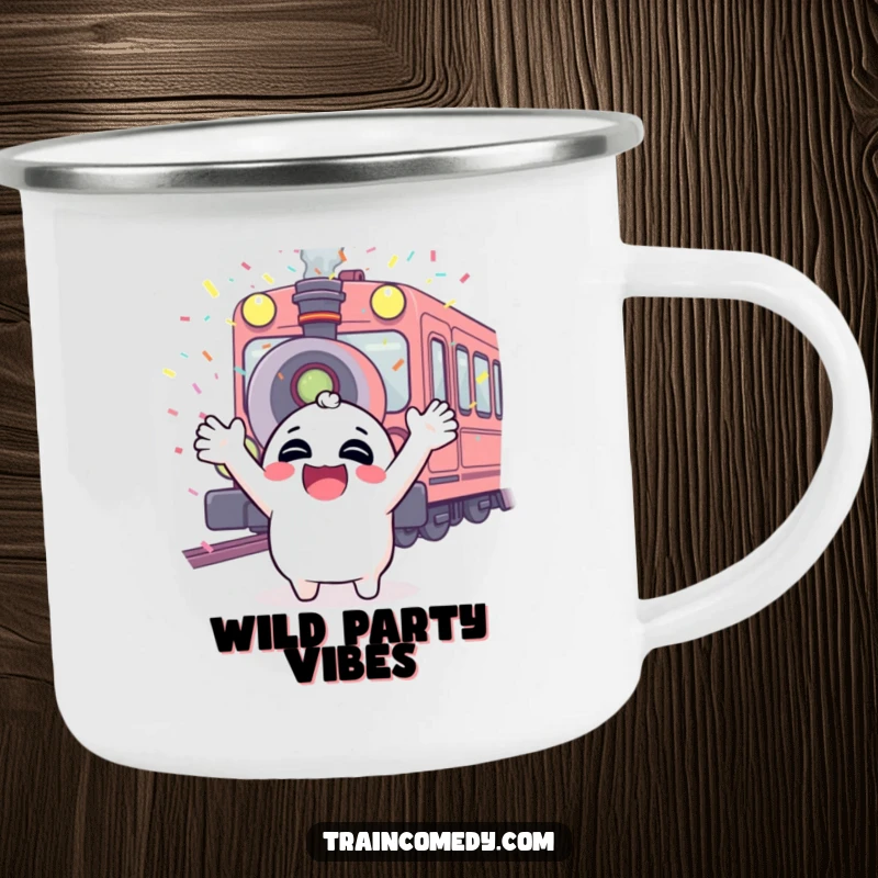 Funny enamel camping mug featuring a giggling character with arms up, confetti falling from a train whistle, perfect for outdoor fun.