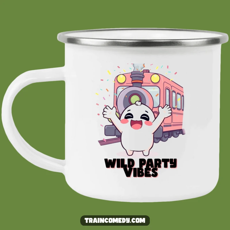 Funny Enamel Mug: Giggling Train Adventure, Confetti Cheers, Perfect Funny Gift
