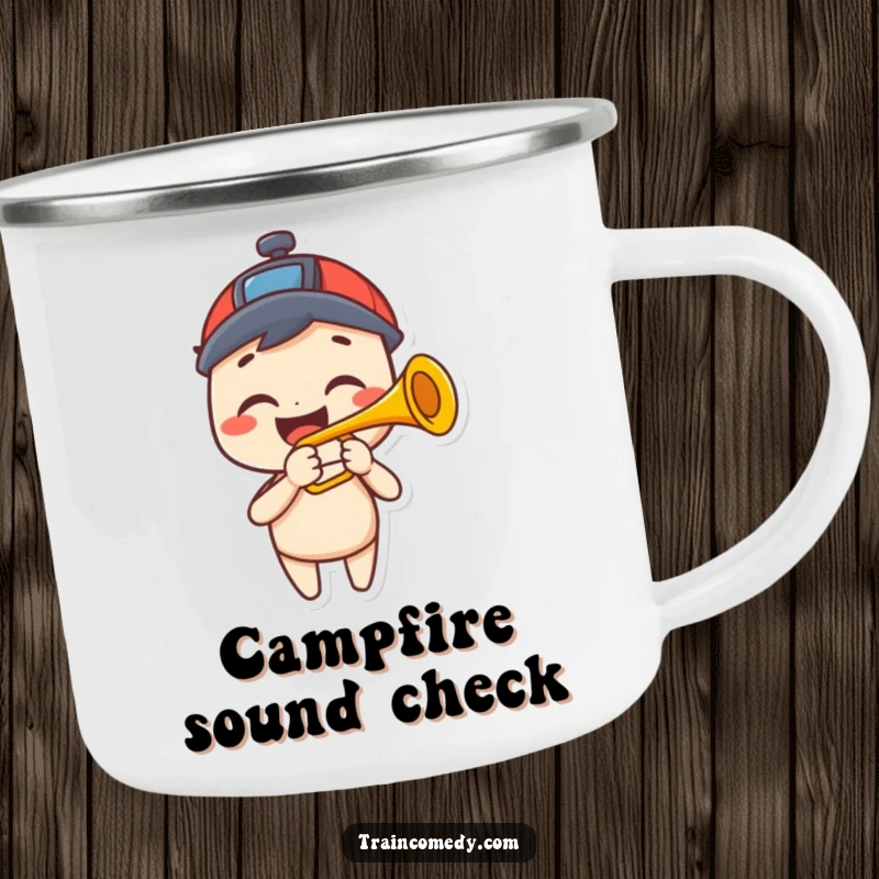 Funny enamel camping mug showing a happy character with a big grin playing a trumpet that looks like a train horn.