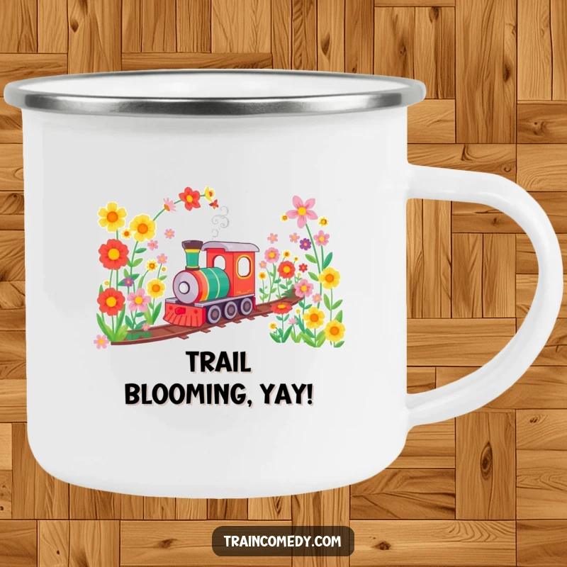 Funny camping mug featuring a train chugging through a vibrant flower tunnel, perfect for enjoying beverages during outdoor excursions with a cheerful theme.