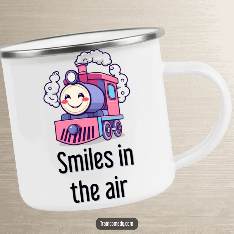 Funny camping mug with a happy train engine character blowing smoke rings shaped like cheerful smiley faces, ideal for outdoor fun.