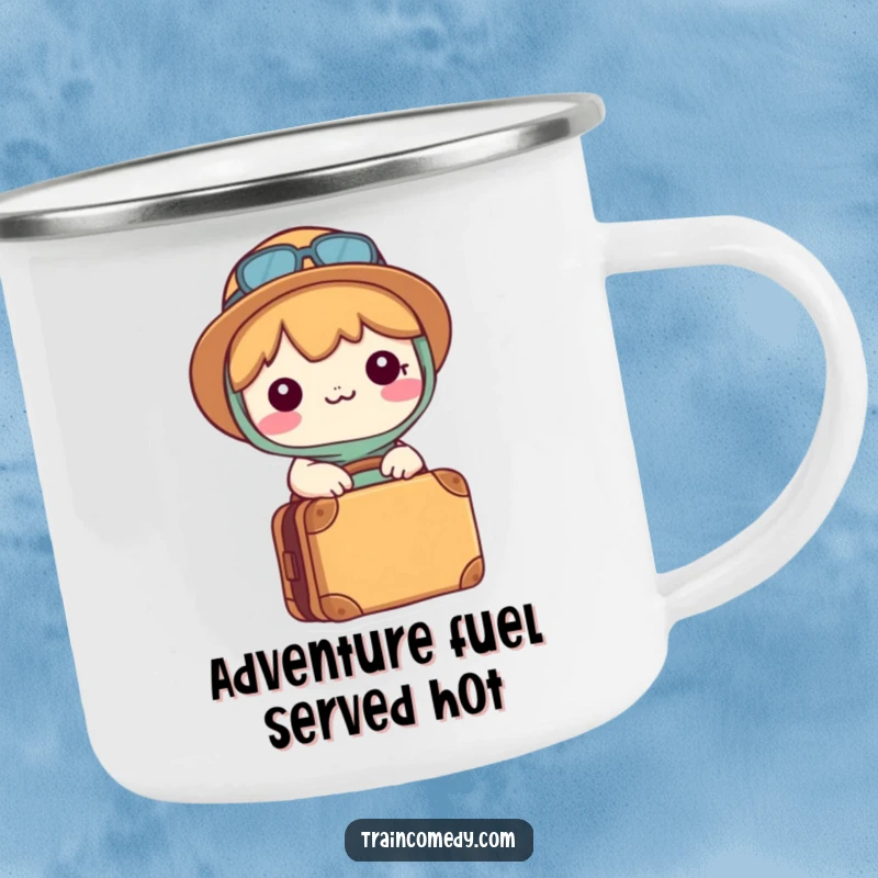 Funny Kawaii camping mug showing a happy character with a packed suitcase, ready for outdoor adventures.