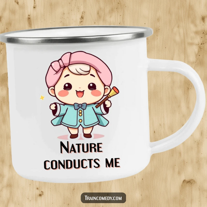 Funny Camping Mug: Joyful Kawaii conductor with baton, smiling, ready for adventures, a durable funny gift.