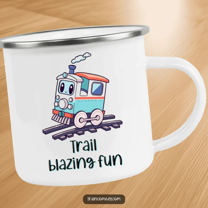 Funny playful train character doing a cartwheel on tracks, embodying fun and motion, a durable and humorous camping mug.