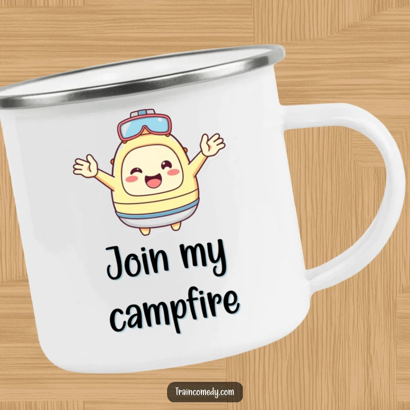 Funny Camping Mug: Cheerful Kawaii character with open arms, welcoming fellow campers, a durable funny gift.