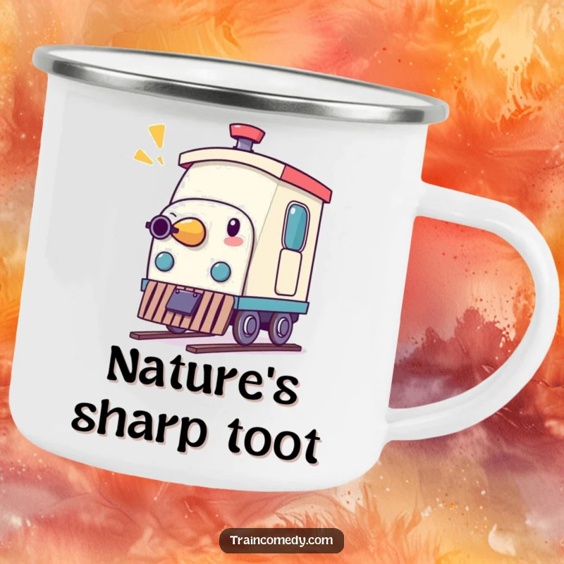 Funny camping mug with a whimsical pencil character comically acting as a train whistle, ready for humorous creative excursions.