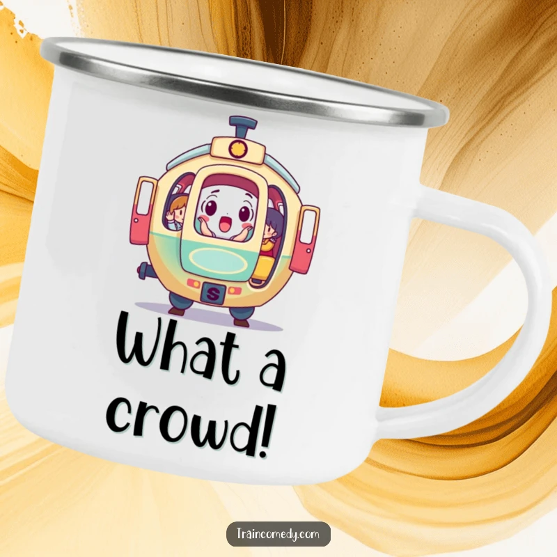 Funny camping mug featuring a surprised, round train car with open doors revealing colorful passengers, ideal for outdoor adventures and humor.