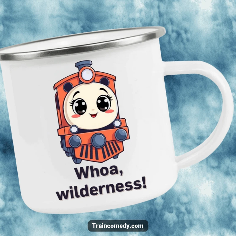 Funny camping mug featuring a stylized train engine with a surprised expression and wide eyes, designed for outdoor fun.