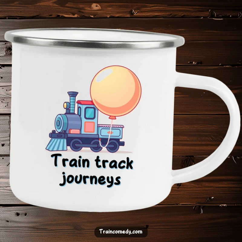 Funny enamel camping mug showing a train engine with a large, bouncing balloon tied to its front, for outdoor use.