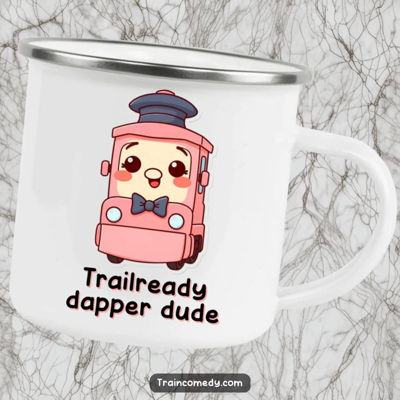 Funny Train Camping Mug: A silly train character with a hat and bow tie is ready for funny outdoor adventures and hot drinks.