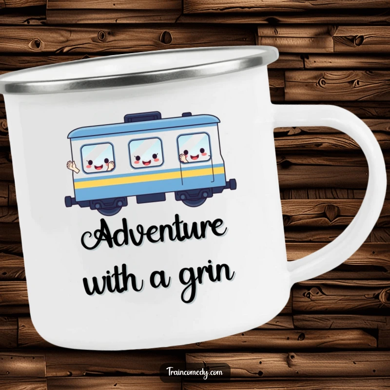 Funny camping mug showcasing a happy train car with smiling, waving window faces, perfect for cheerful outdoor sipping.