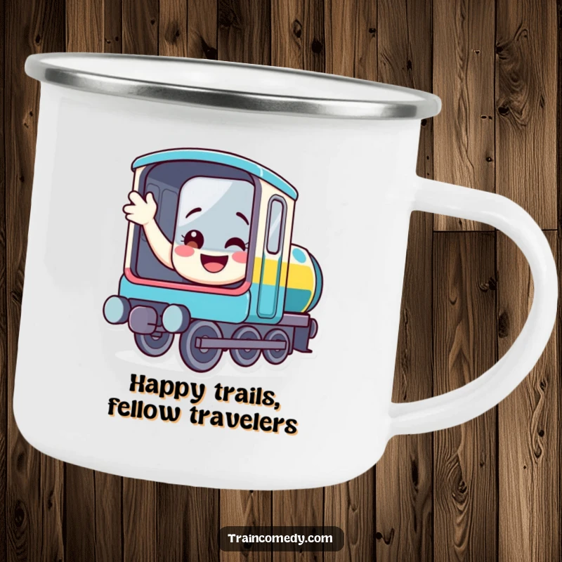 Funny train camping mug featuring a smiling locomotive waving from its window, a durable and humorous companion for outdoor beverages.