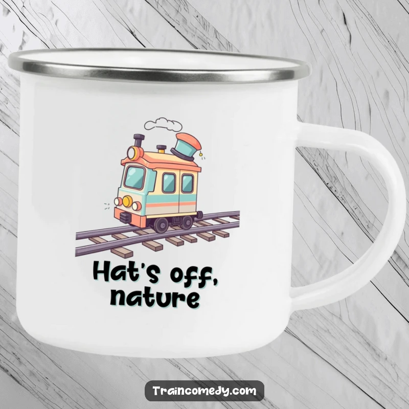 Funny enamel camping mug showing a train car with a jaunty hat speeding on a wavy track. Ideal for outdoor trips.