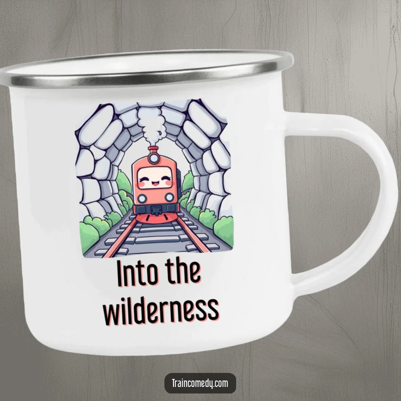Funny Kawaii Train Camping Mug: A giggling train character enters a tunnel, perfect for outdoor humor.