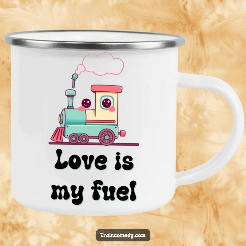 Funny cute train character puffing a heart-shaped cloud, spreading love and cheer, a durable and humorous camping mug for adventurers.
