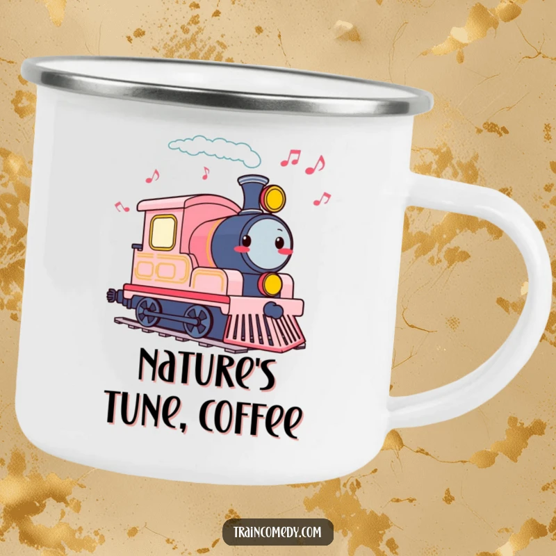 Funny enamel camping mug with a cheerful train engine tooting, leaving a trail of musical notes.