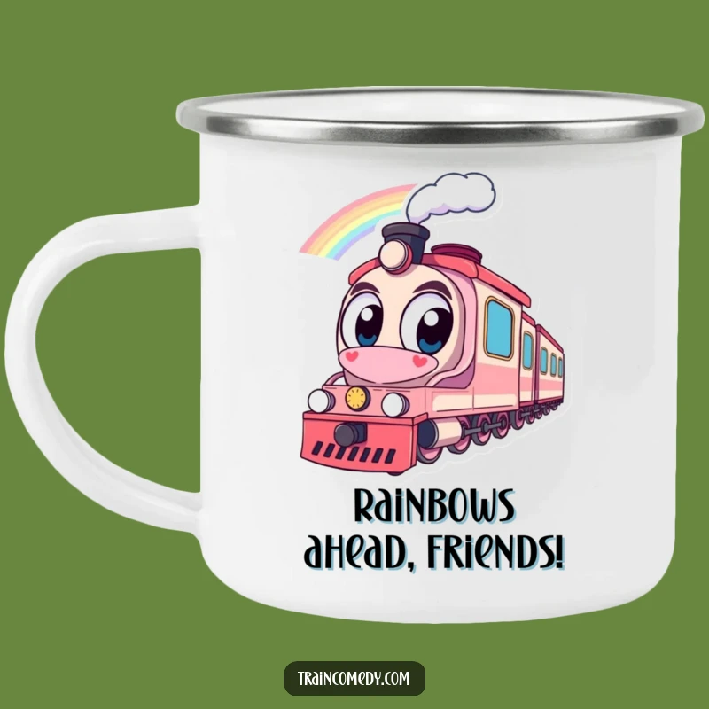 Funny Train Rainbow Camping Mug: Adventure Ready, Big Eyes, Outdoor Gift