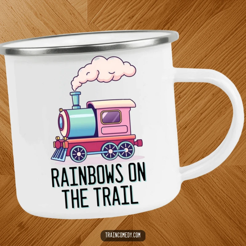 Funny enamel camping mug showing a train engine with a puff of rainbow smoke. Ideal for outdoor trips and magical moments.
