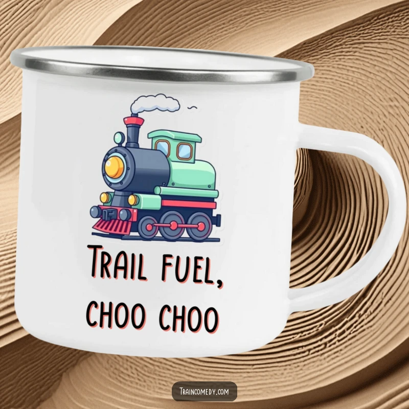 Funny cute train character tooting its whistle with steam, featured on a sturdy camping mug for cheerful outdoor enjoyment.