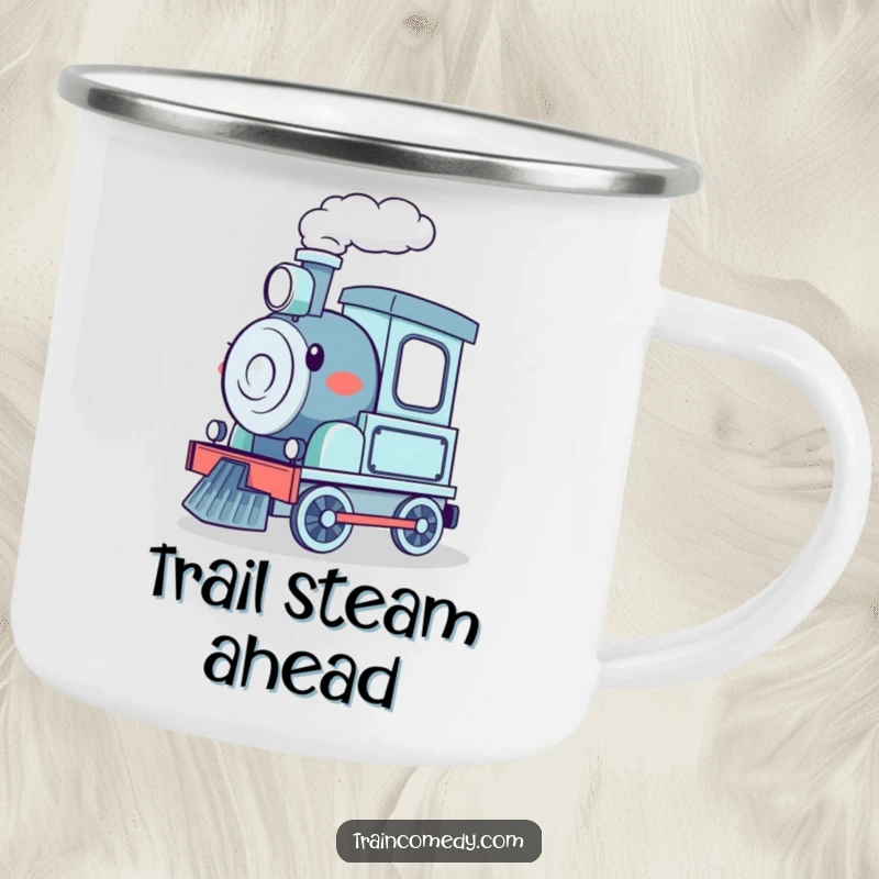 Funny enamel camping mug with a happy cartoon train chugging along, designed for outdoor enthusiasts and train lovers.
