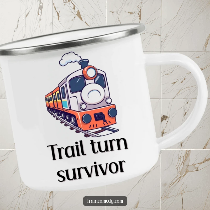 A determined train navigating a sharp curve on a camping mug, designed for humorous outdoor focus. A great funny gift.