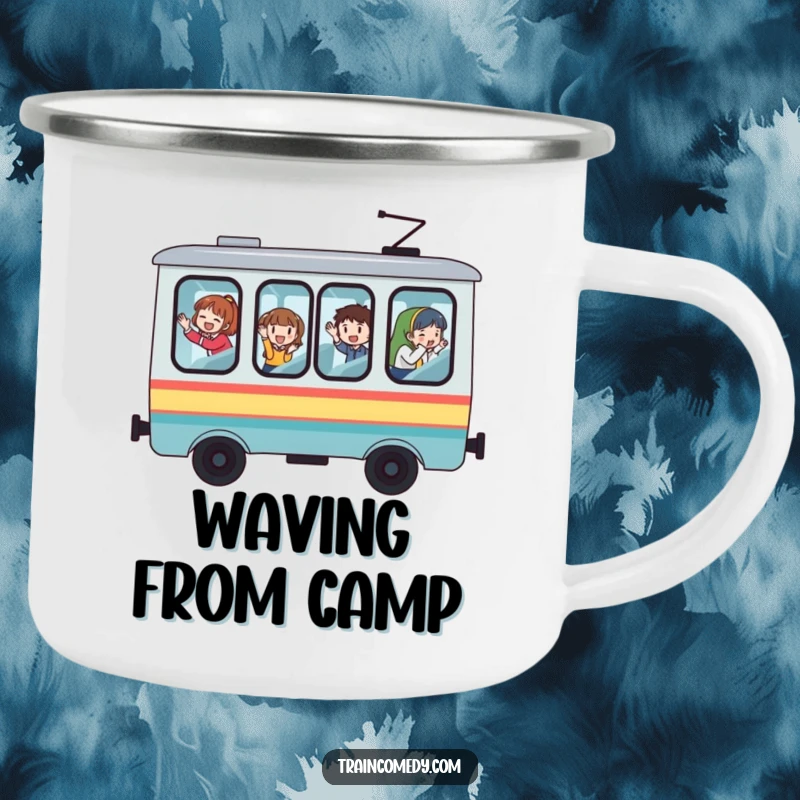 Funny train camping mug, whimsical design with large windows, passengers waving, built for outdoor fun and travel.
