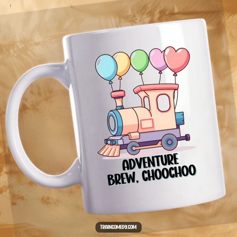 Funny whimsical train character with colorful balloons attached to carriages, setting off on an exciting adventure.