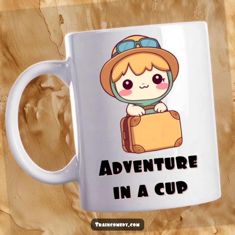 Funny Kawaii mug shows a happy character with a packed suitcase, eagerly ready for an exciting adventure.