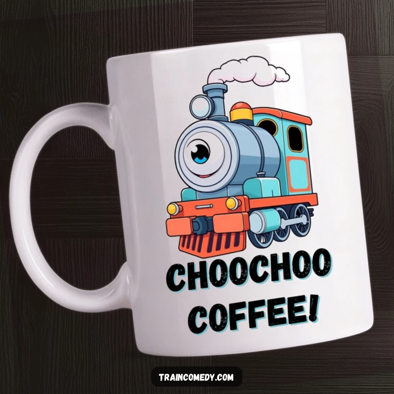 Funny Train Engine Mug: A determined train engine with friendly eyes happily puffs steam, embodying excitement and forward motion.
