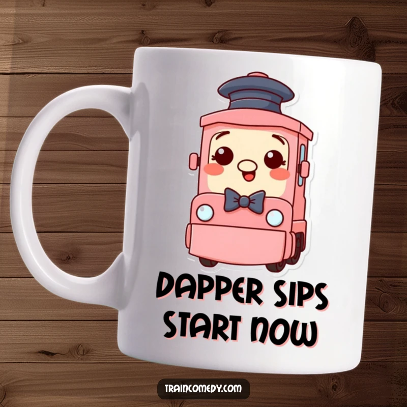 Funny Train Character Mug: A silly train wears a tiny hat and bow tie, looking dapper and ready for a funny day.
