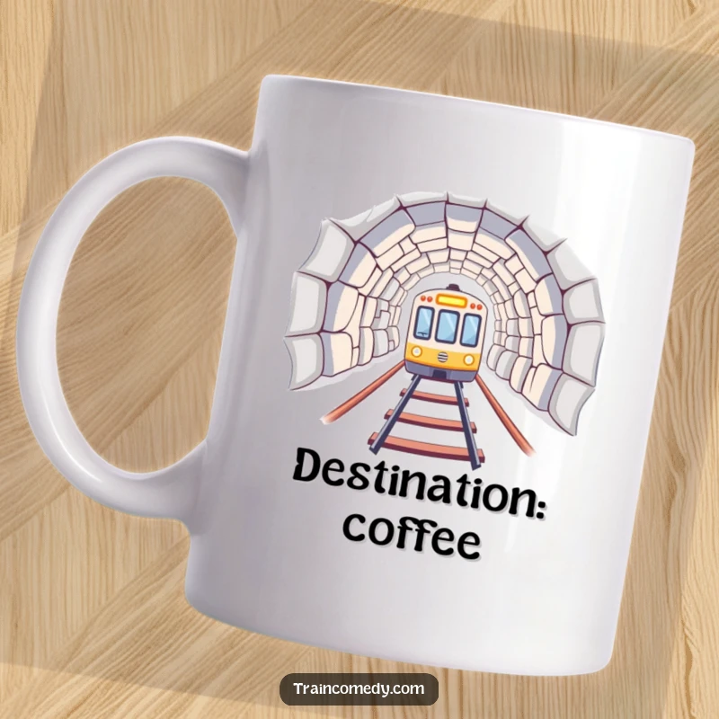 A brightly lit train car emerging from a dark tunnel entrance, depicted on a humorous mug. A great funny gift.