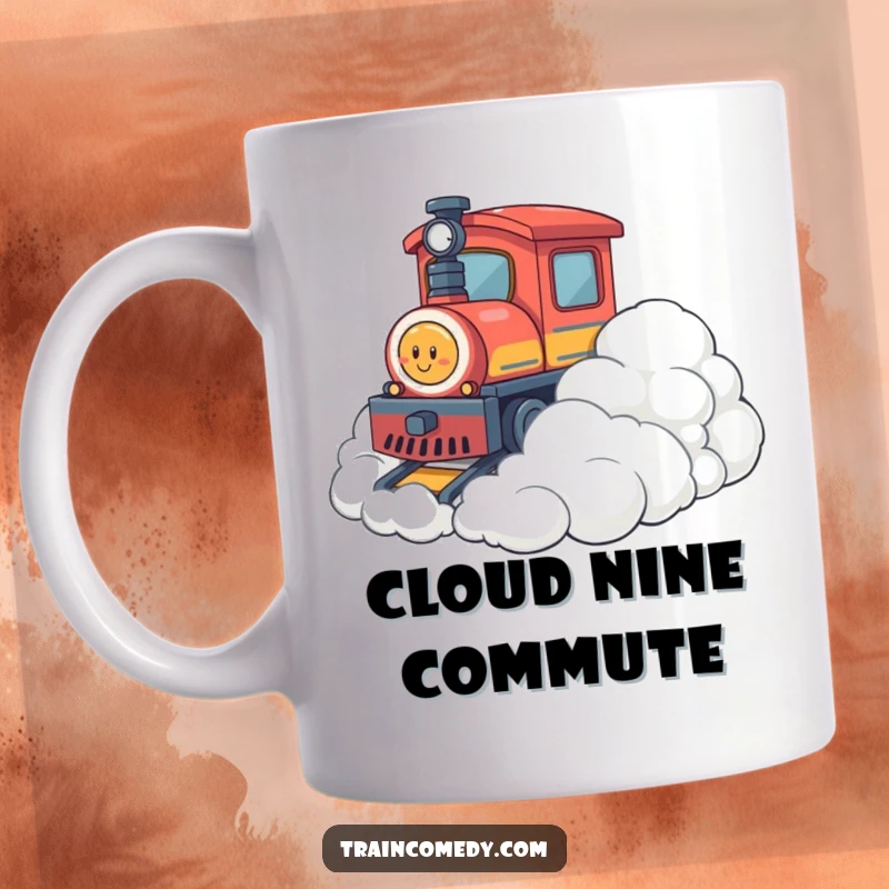 Funny mug showing a train character playfully bumping into a soft pile of fluffy clouds, capturing a moment of gentle, whimsical fun.