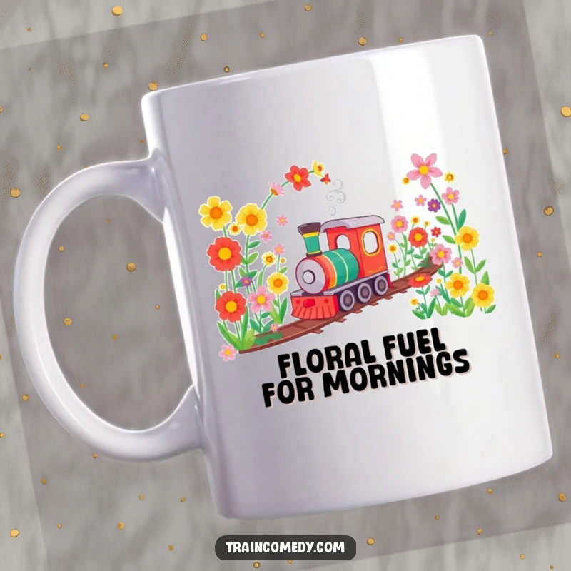 Funny mug featuring a happy train chugging through a tunnel made of colorful, vibrant flowers, symbolizing joy and growth.