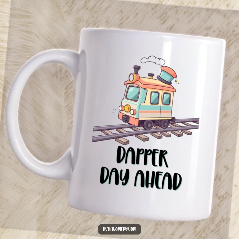 Funny train mug showcasing a train car wearing a jaunty hat, speeding gleefully on a wavy track. Playful and stylish design.