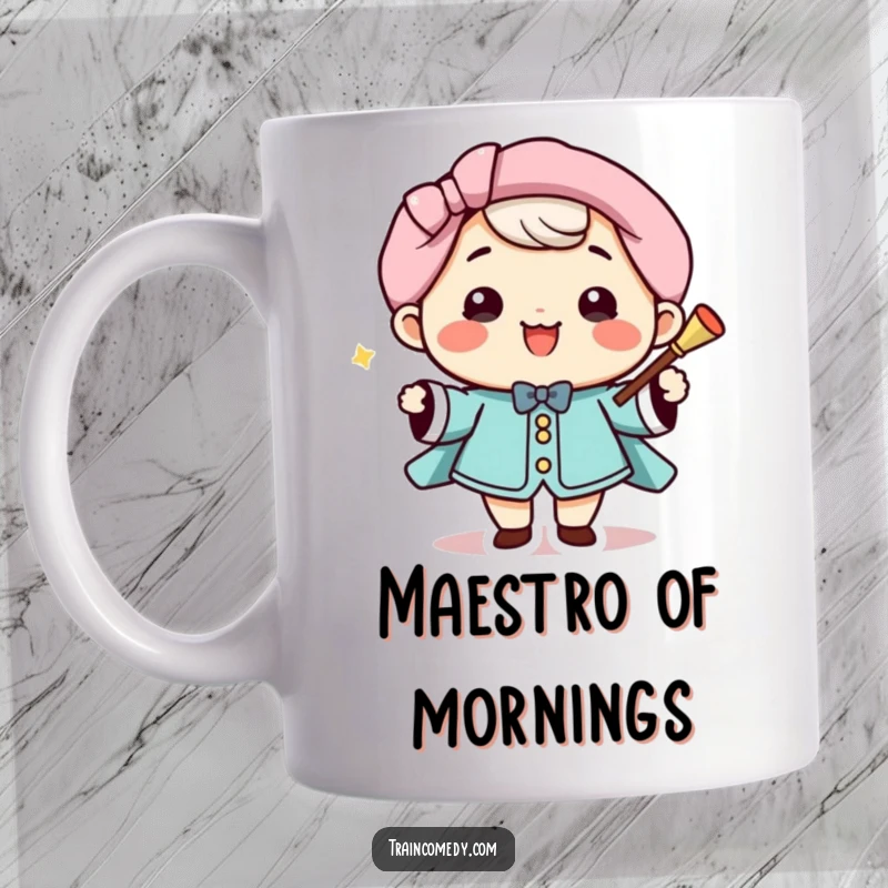 Funny Mug: Joyful Kawaii conductor with a big smile and baton, leading with enthusiasm, a perfect funny gift.