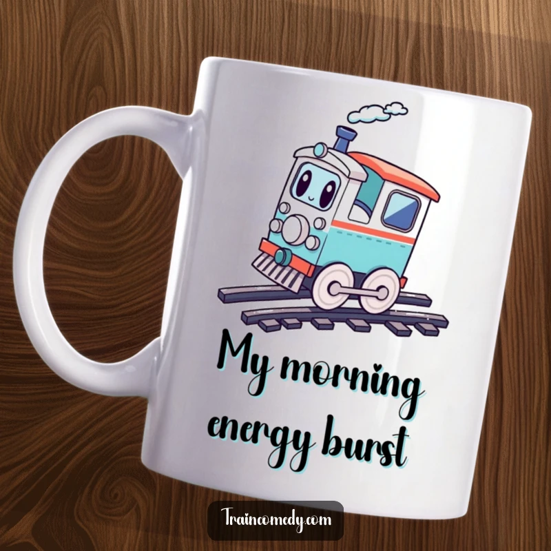 Funny playful train character doing a cartwheel on its tracks, embodying fun and motion, perfect mug gift.
