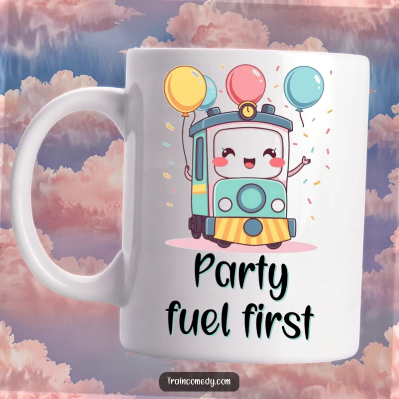 Funny kawaii train character joyfully celebrating with colorful confetti and festive balloons, bringing cheer to this mug.
