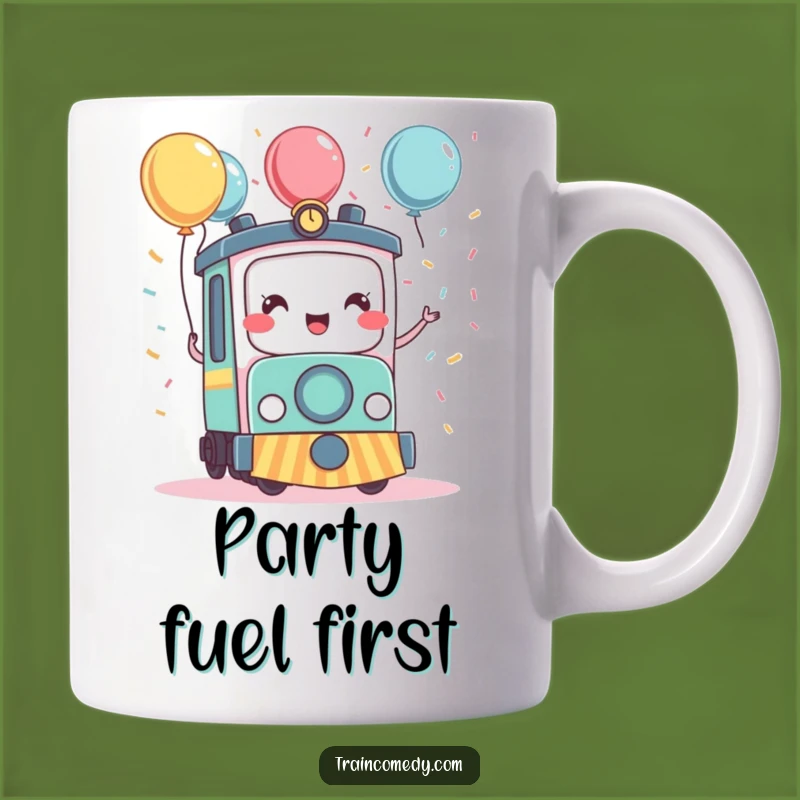 Funny Kawaii Train Celebration Mug - Joyful Confetti & Balloon Party Gift