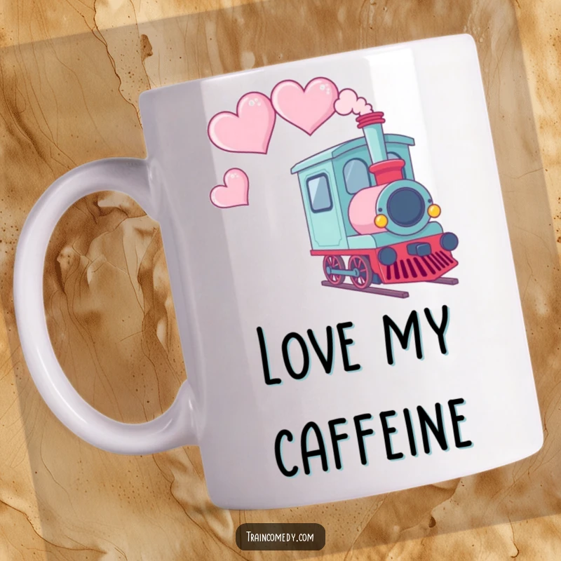 Funny mug featuring a Kawaii train car with smoke artfully shaped like hearts trailing behind it.