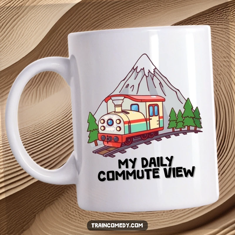 Funny kawaii train character curiously peeking over a majestic mountain, bringing a sense of wonder and humor to this mug.