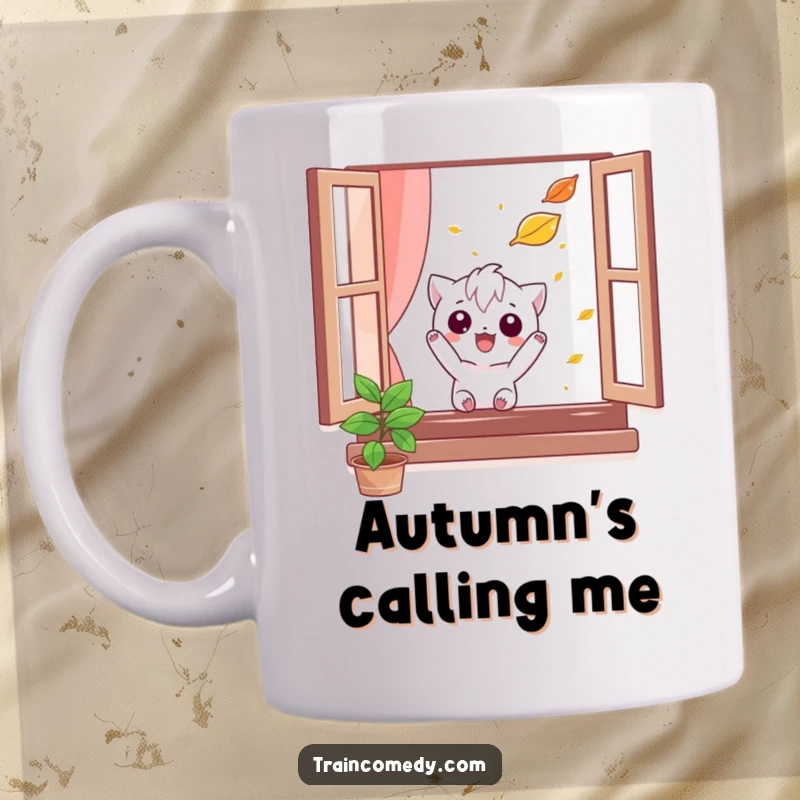 Funny mug featuring a mischievous character comically trying to catch a falling leaf from a window, evoking playful curiosity.