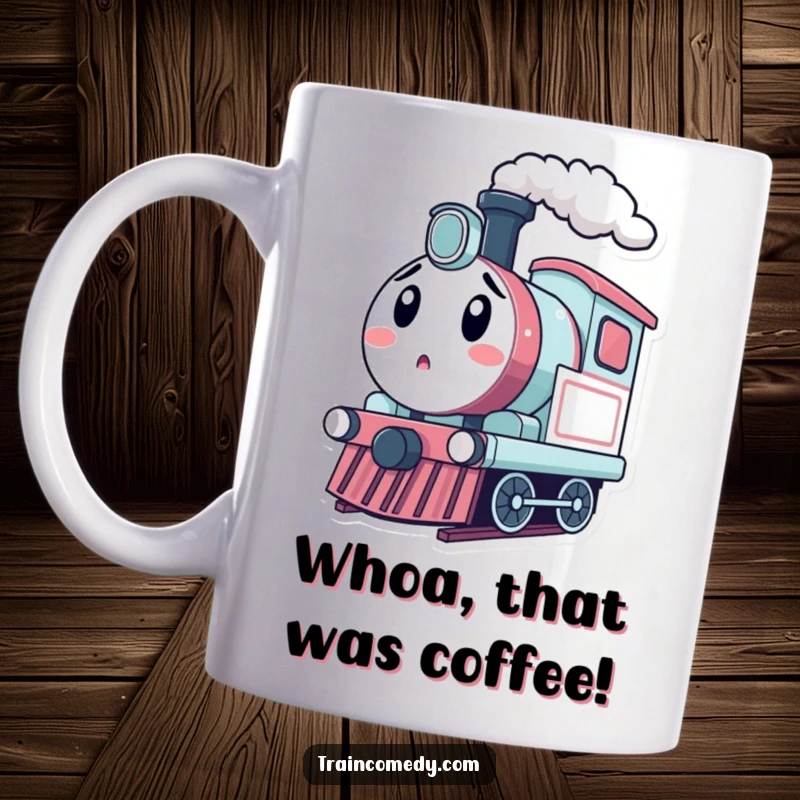 Funny kawaii train engine character puffing steam with a wide-eyed, shocked expression, a humorous design.