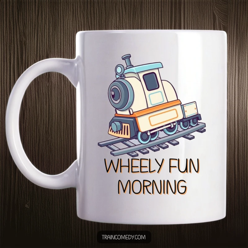 Playful train character doing a cartwheel on its tracks, designed for a funny mug.