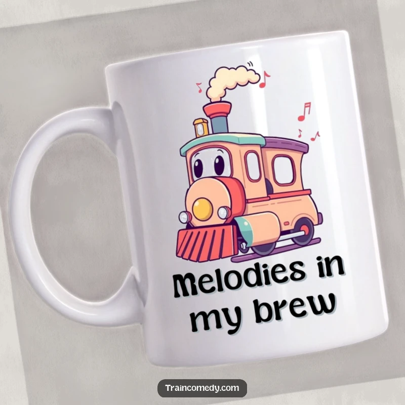 Funny Train Character Mug: A train with musical notes flowing from its chimney creates a cheerful and funny melody.