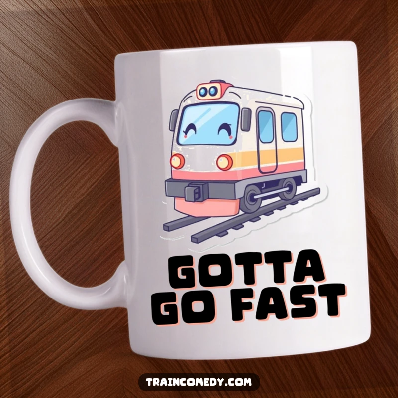 Funny train mug featuring a character leaning, tilted as if accelerating with immense speed, conveying motion and excitement.