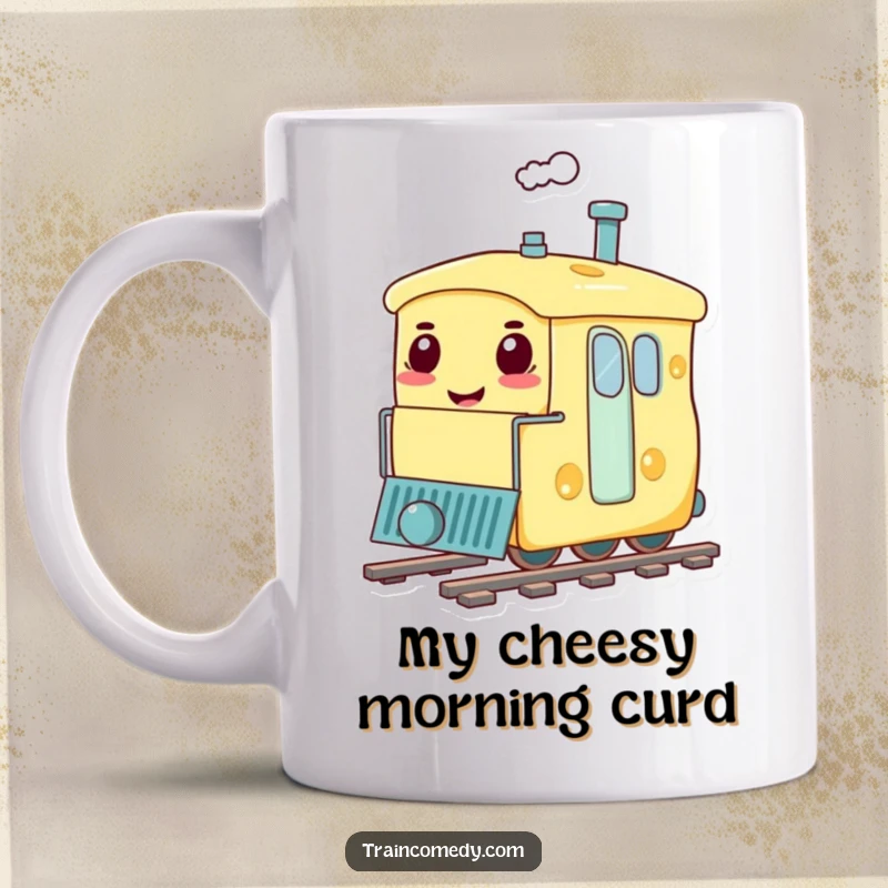 Funny mug showcasing a train carriage shaped like a giant, smiling piece of cheese, chugging along with cheerful, cheesy energy.