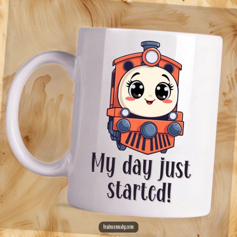 Funny mug featuring a stylized train engine with a comically surprised expression and wide-open eyes.