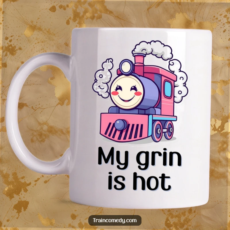 Funny mug of a happy train engine character exuding smoke rings shaped like cheerful smiley faces, bringing joy and humor.
