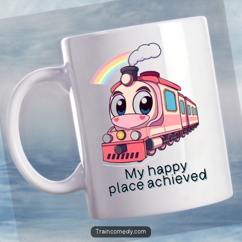 Funny mug featuring a train with huge, eager eyes gazing at a vibrant rainbow, capturing a moment of pure wonder and delight.