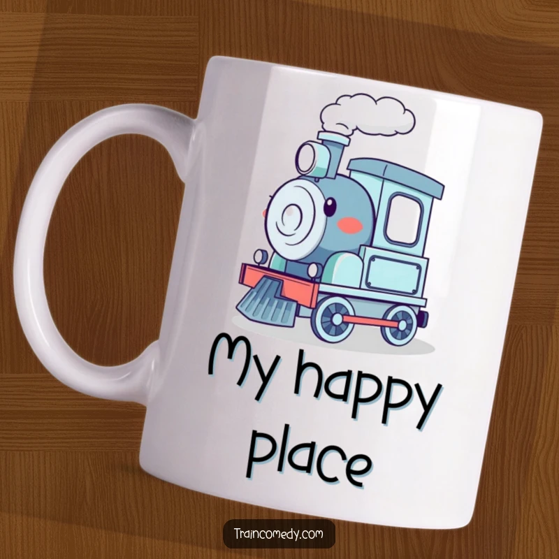 Funny mug featuring a happy cartoon train with steam puffing from its head, excitedly chugging along a track, perfect for train enthusiasts.
